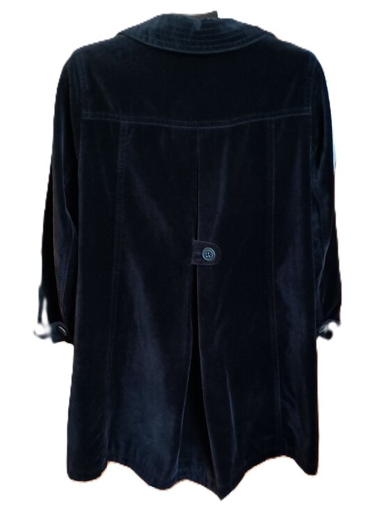 Boden Black Velvet Like Knee-Length Coat w/Purple & White Dot Lining Women’s 14 - Picture 3 of 10